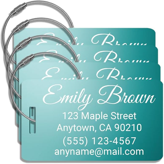Personalized Luggage Tags for Suitcases 4 Pack – Custom Metal Name Tag for Travel, Golf Bag, and Baggage – Durable Aluminum Luggage Name Tags (Aqua Marine, Horizontal)