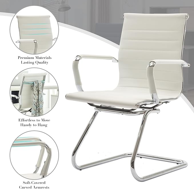 CIMOTA Waiting Room Chairs Leather Office Guest Chair Mid Back Reception Chairs with Sled Base for Meeting/Patient/Conference Room, White Set of 2
