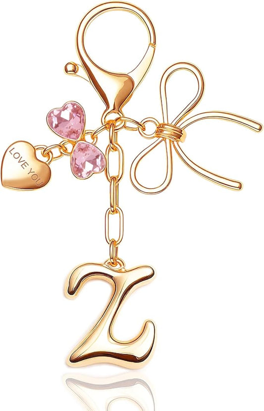 Gold Bubble Initial Keychain with Bow Decoration Bag Charms for Women, Cute Purse Handbag Accessories Gift