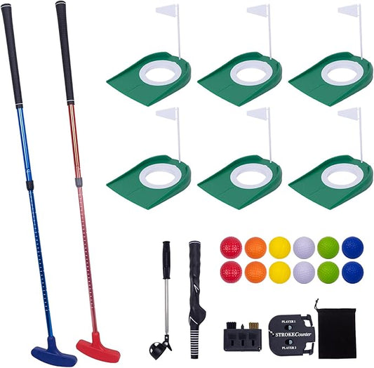 Mini Putting Golf Practice Set–Adjustable Putters, 6Flagged Holes, 12Practice Balls, Extendable Ball Retriever&Portable Storage Bags for Indoor and Outdoor Play