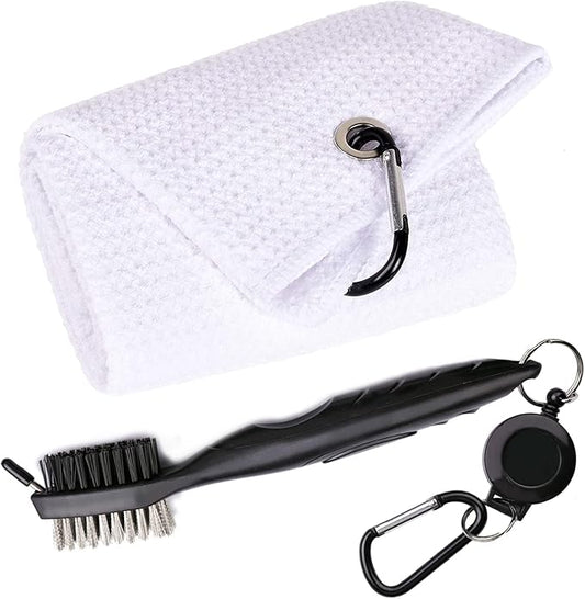 Golf Towels, Microfiber Waffle Pattern Tri-fold Golf Towel - Brush Tool Kit with Club Groove Cleaner, with Clip Men Women Golf Gifts (White Towel+Black Brush)