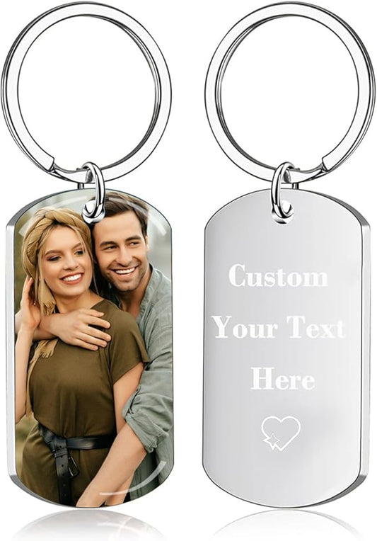 Personalized Custom Keychain with Picture - Double Sided Engraving Photo Text Customized Key Chains for Men Boyfriend