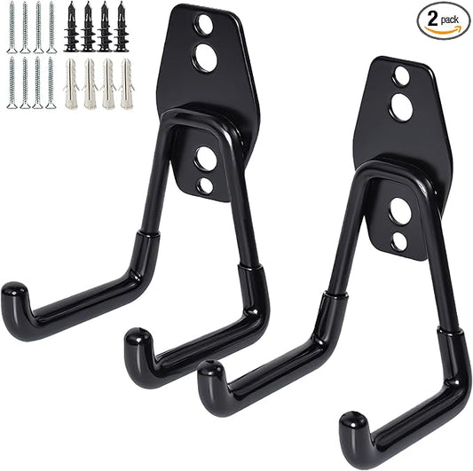 2 Pack Garage Storage Utility Hooks，Garage Garden Tool Organizer，Steel Wall Mount Hooks, Garden Small U Hooks (Black)