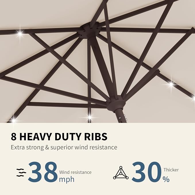 9FT Patio Umbrella with Solar Lights, Outdoor Market Umbrella with Tilt and - Image 4