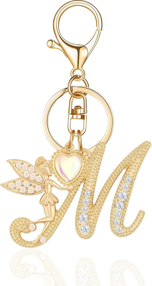 Gold Plated Alphabet Initial Letter Keyring Keychain for Women Girls Crystal Key Chains for Wallet Backpack Bag Charm