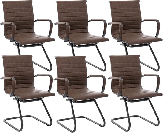 CIMOTA Waiting Room Chairs Set of 6 Leather Office Guest Chair Mid Back Reception Chairs with Sled Base for Meeting/Patient/Conference Room, Retro Brown, 6PCS
