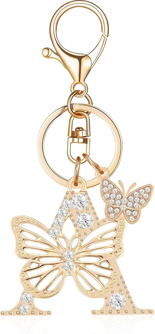Gold Plated Alphabet Initial Letter Keyring Keychain for Women Girls Crystal Key Chains for Wallet Backpack Bag Charm