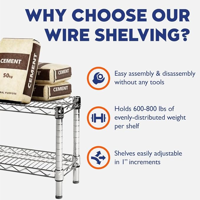 Shelving Inc.12" d x 54" w Chrome Wire Shelving with 1 Tier Shelf, Weight Capacity 800lbs Per Shelf