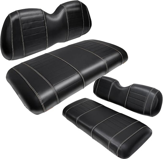 Golf Cart Seat Covers fits Club Car Precedent/DS/EZGO RXV/TXT/Yamaha Front Rear Seat Cushion，Black Leather Custom Stripe Soft Comfortable/Anti-Scratch/Easy to Clean