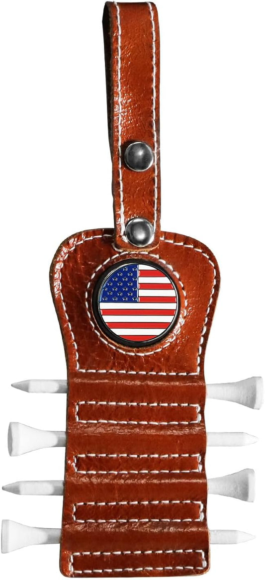 Golf Tee Holder with USA Ball Marker 4 Pcs White Wood Tees, Portable Hold Different Tee Leather Gift Hook Hanging Clip to Golf Bag Belt