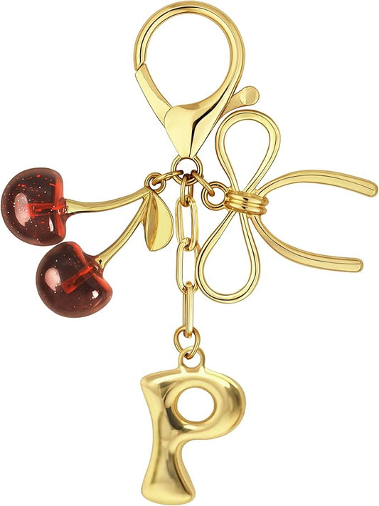 Gold Bubble Heart, Cherry, Bow & More Designs Letter Initial Keychain Bag Charms – Cute Purse Charms for Handbags