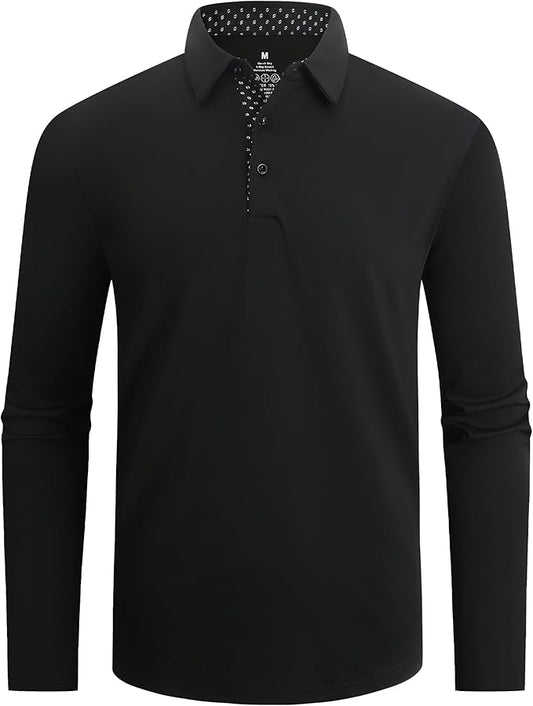 Alex Vando Mens Golf Shirt Moisture Wicking Quick-Dry Solid Long Sleeve Polo Shirts for Men