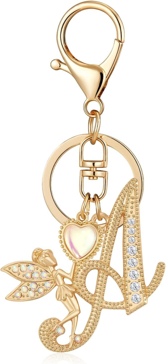 Gold Plated Alphabet Initial Letter Keyring Keychain for Women Girls Crystal Key Chains for Wallet Backpack Bag Charm
