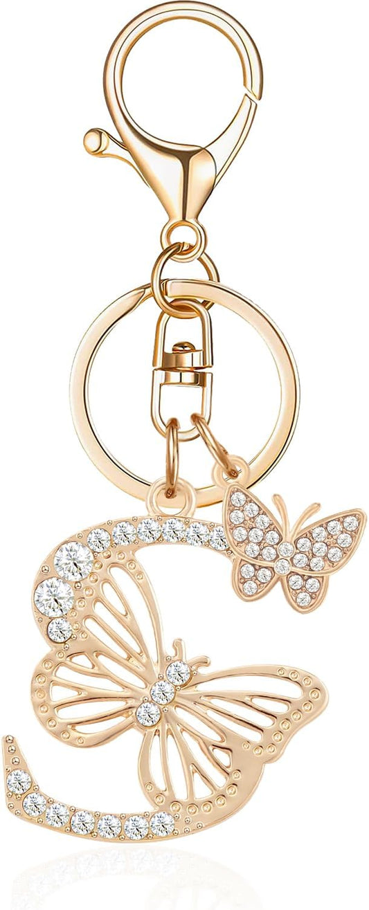Gold Plated Alphabet Initial Letter Keyring Keychain for Women Girls Crystal Key Chains for Wallet Backpack Bag Charm