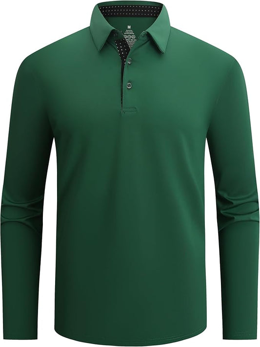 Alex Vando Mens Golf Shirt Moisture Wicking Quick-Dry Solid Long Sleeve Polo Shirts for Men