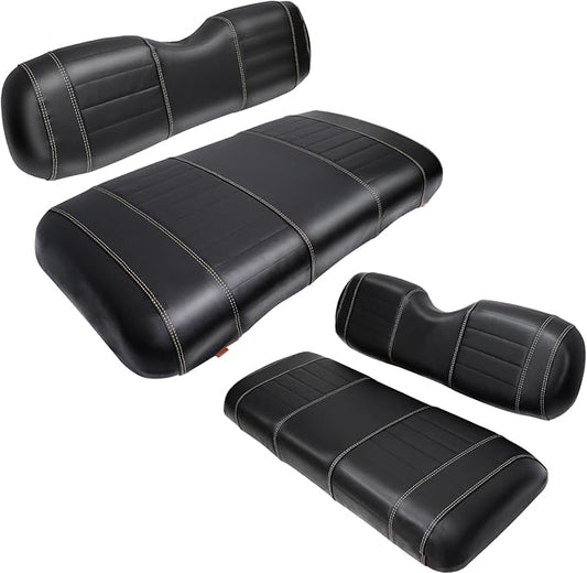 Golf Cart Seat Covers fits Club Car Precedent/DS/EZGO RXV/TXT/Yamaha Front Rear Seat Cushion，Black Leather Custom Stripe Soft Comfortable/Anti-Scratch/Easy to Clean