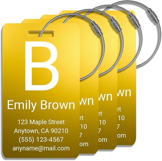 Personalized Luggage Tags for Suitcases 4 Pack – Custom Metal Name Tag for Travel, Golf Bag, and Baggage – Durable Aluminum Luggage Name Tags (Gold, Vertical)