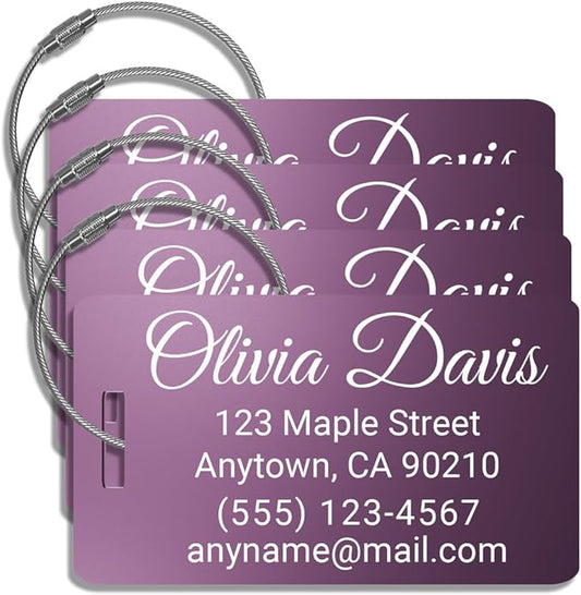 Personalized Luggage Tags for Suitcases 4 Pack – Custom Metal Name Tag for Travel, Golf Bag, and Baggage – Durable Aluminum Luggage Name Tags (Light Purple, Horizontal)