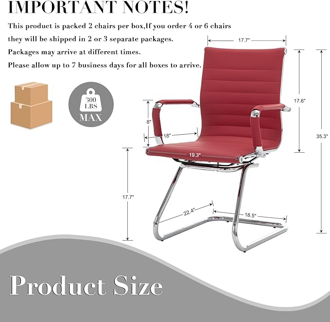 CIMOTA Waiting Room Chairs Leather Office Guest Chair Mid Back Reception Chairs with Sled Base for Meeting/Patient/Conference Room, Red Set of 8