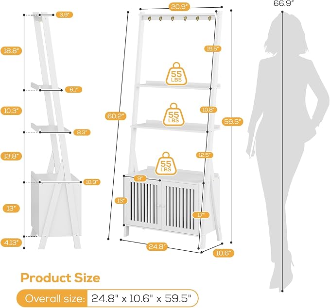 Bookcase with Drawers, 4-Tier Bamboo Bookshelf Ladder Shelf with 6 Hooks - Image 3