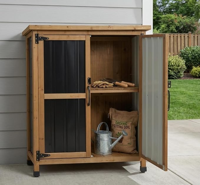 Ketive Small Outdoor Storage Cabinet Wood & Metal, Small Garden Tool Storage - Image 2