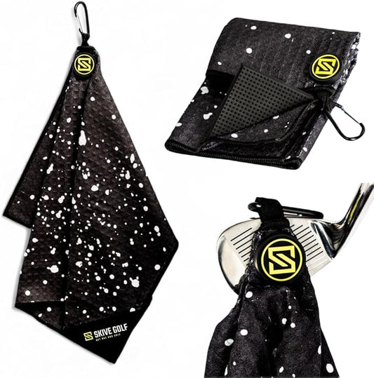 Premium Magnetic Golf Towel | Super Strong Magnet | Absorbent Microfiber Waffle Design | Built-in Silicone Brush | Golf Towels for Golf Bags (Black w/White Drip)