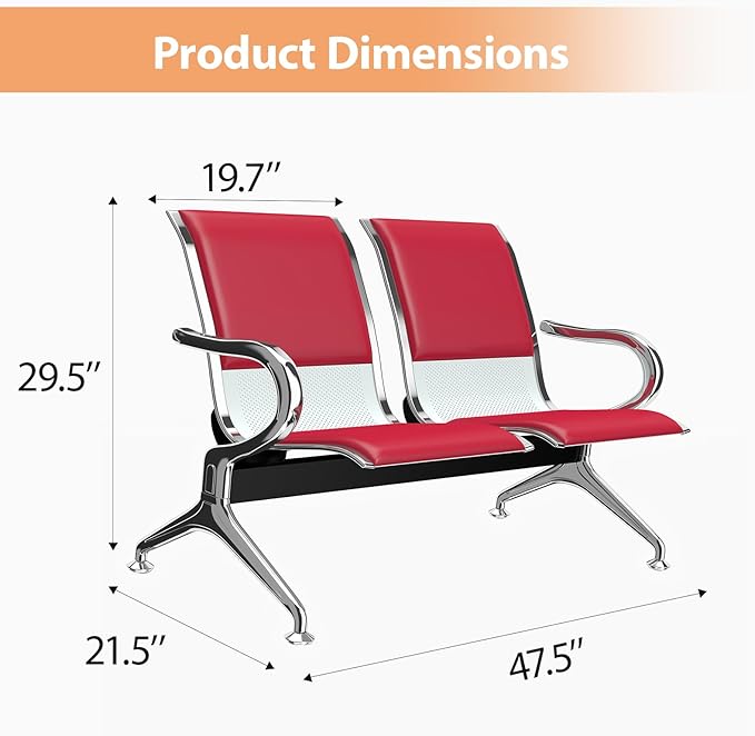 Kinfant 8-Seat Waiting Room Chairs with Arms – Heavy-Duty Steel Frame PU Leather Back & Cushioned Seat, Ergonomic Office Reception Guest Chair for Lobby, Clinic, Airport, Red