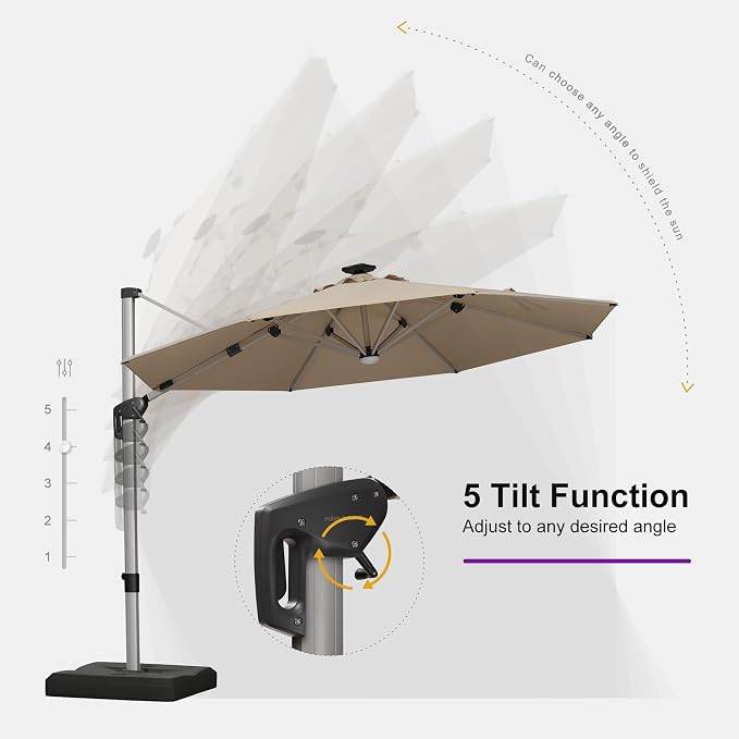 PURPLE LEAF Cantilever Patio Umbrella 10ft Round Solar LED Light, Support to - Image 6