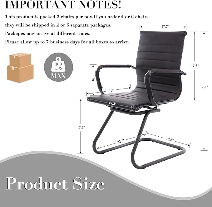 CIMOTA Waiting Room Chairs Leather Office Guest Chair Mid Back Reception Chairs with Sled Base for Meeting/Patient/Conference Room, Retro Black Set of 4