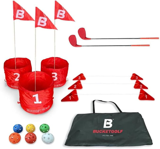 bucketgolf Original Game 3-Hole Travel Set – #1 Backyard Golf Game for Adults. Ideal for Yard, Beach, Park, Camping, and Outdoor Fun. (2 Right-Hand Clubs)