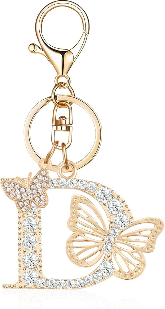 Gold Plated Alphabet Initial Letter Keyring Keychain for Women Girls Crystal Key Chains for Wallet Backpack Bag Charm