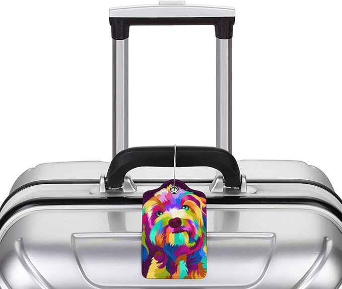 2 Pack Colorful Dog Luggage Tag for Women Girls Kids, Printed Leather Bag Tags for Suitcase Artistic Animal Travel Backpack Labels with Privacy Cover Name ID Card