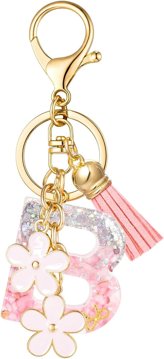 SELOVO Girls Pink Flower Chain Cute Keychain Initial Keychain Key Chain for Women