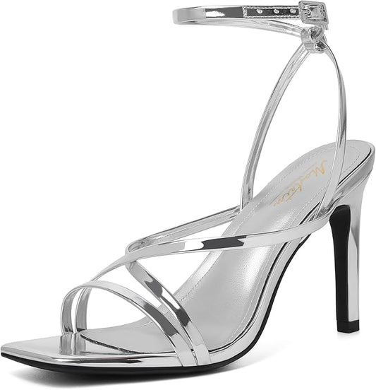 Mostrin Strappy Heels for Women Square Open Toe Lace Up Heeled Sandals Ankle Strap Sexy Stiletto High Heels for Party, Prom, Dating, Wedding