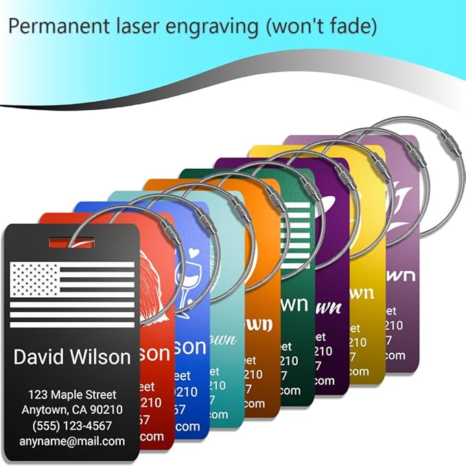 Personalized Luggage Tags for Suitcases 4 Pack – Custom Metal Name Tag for Travel, Golf Bag, and Baggage – Durable Aluminum Luggage Name Tags (Adventure Collection, Aqua Marine)