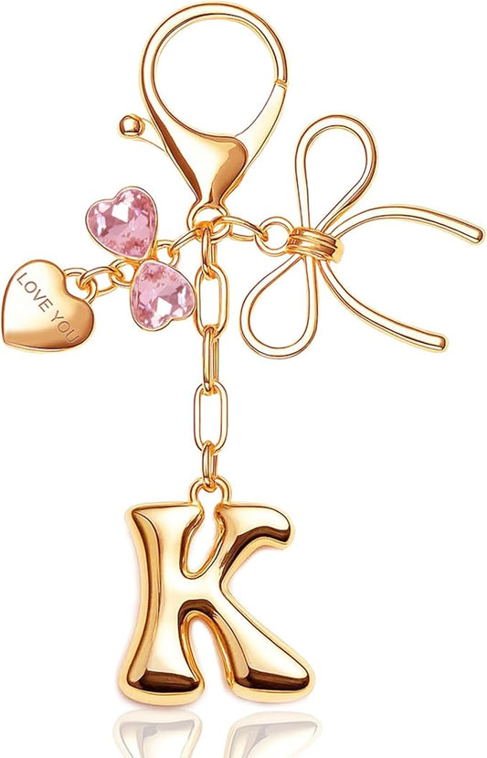 Gold Bubble Initial Keychain with Bow Decoration Bag Charms for Women, Cute Purse Handbag Accessories Gift
