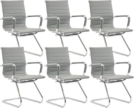 CIMOTA Waiting Room Chairs Set of 6 Leather Office Guest Chair Mid Back Reception Chairs with Sled Base for Meeting/Patient/Conference Room, Grey, 6PCS