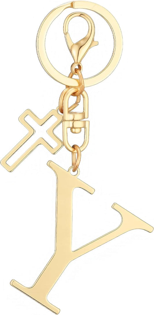 Gold Initial Keychain for Women A-Z Letter Cross Keychains Alphabet Key Chain bag Accessories Gift for Christian
