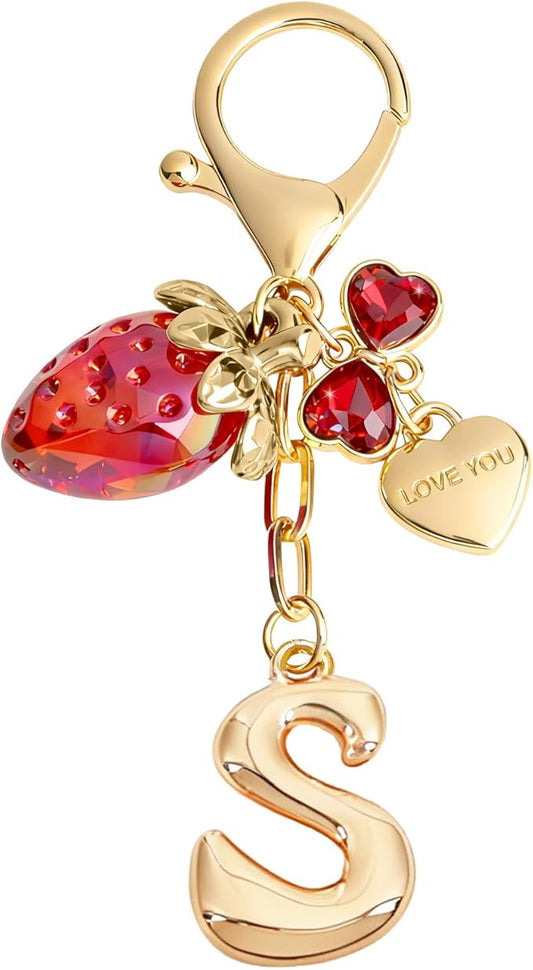Snycler Bubble Initial Keychain with Strawberry & Bow- Gold Letter Bag Charms for Women, Cute Purse Handbag Accessories