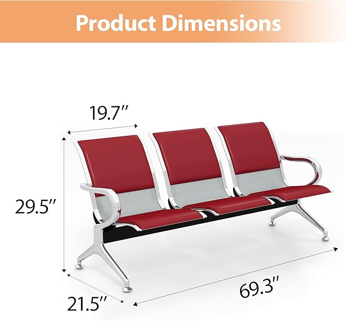 Kinfant Red 9-Seat Waiting Room Chairs with Arms – Heavy-Duty Steel Frame PU Leather Back & Cushioned Seat, Ergonomic Office Reception Guest Chair for Lobby, Clinic, Airport