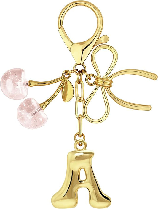Gold Bubble Heart, Cherry, Bow & More Designs Letter Initial Keychain Bag Charms – Cute Purse Charms for Handbags