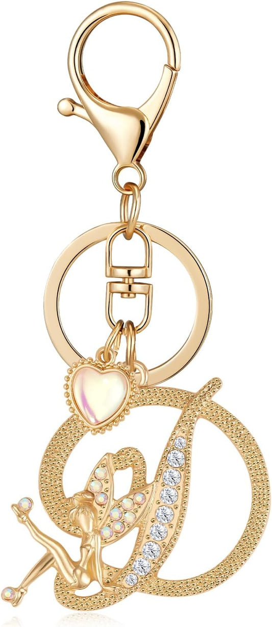 Gold Plated Alphabet Initial Letter Keyring Keychain for Women Girls Crystal Key Chains for Wallet Backpack Bag Charm