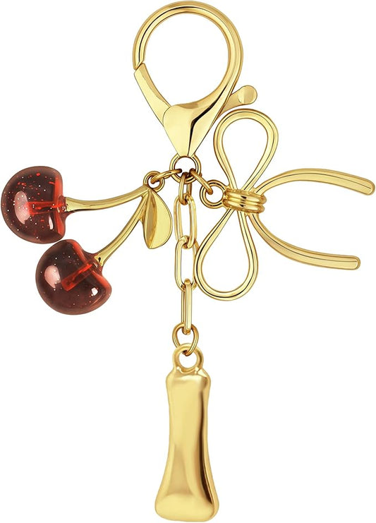 Gold Bubble Heart, Cherry, Bow & More Designs Letter Initial Keychain Bag Charms – Cute Purse Charms for Handbags