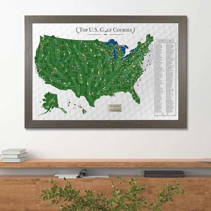 Push Pin Travel Maps Customizable Wall Art - Top Golf Courses USA Map - Barnwood Gray - Personalized Framed Pin Map, Includes 150 Pins - Handcrafted in USA - 27.5" x 39.5"