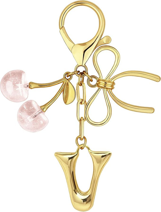Gold Bubble Heart, Cherry, Bow & More Designs Letter Initial Keychain Bag Charms – Cute Purse Charms for Handbags