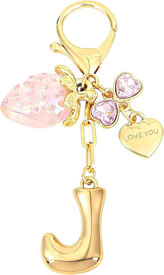 Snycler Bubble Initial Keychain with Strawberry & Bow- Gold Letter Bag Charms for Women, Cute Purse Handbag Accessories