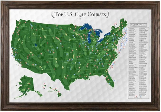 Push Pin Travel Maps Customizable Wall Art - Top Golf Courses USA Map - Solid Wood Brown - Framed Pin Map, Includes 150 Pins - Handcrafted in USA - 27.5" x 39.5"