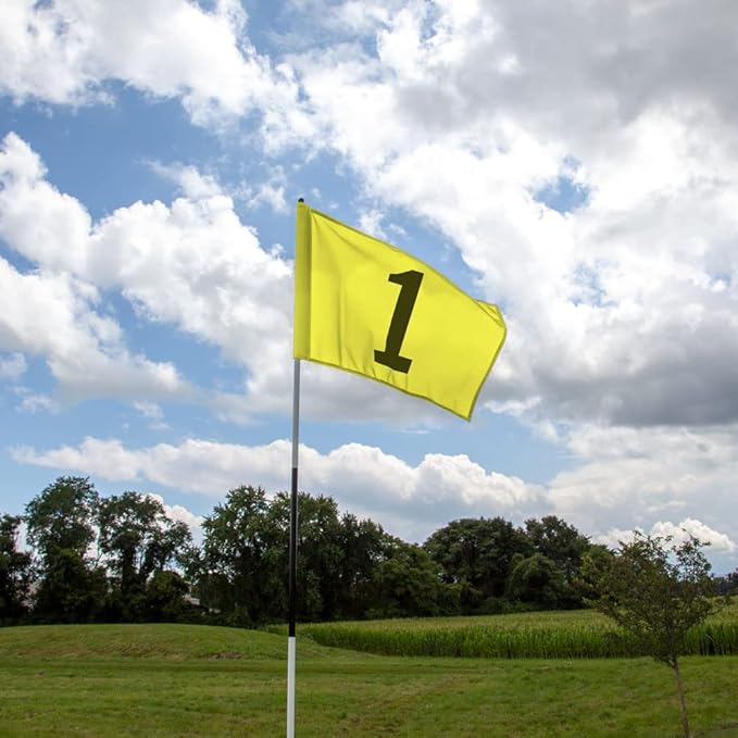 Vispronet Numbered Golf Flags for Putting Green (9) – 20in x 14in Yellow & Black Flags Numbered 10-18, Golf Range Accessories for Courses, Outdoor Hole Flag, Durable Polyester Material