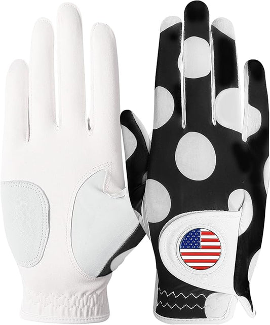 Amy Sport Womens Golf Glove with Ball Marker Rain Left Right Hand Leather Printed Pack, Ladies Golf Gloves All Weather Grip Breathable Soft Size Small Medium Large XL