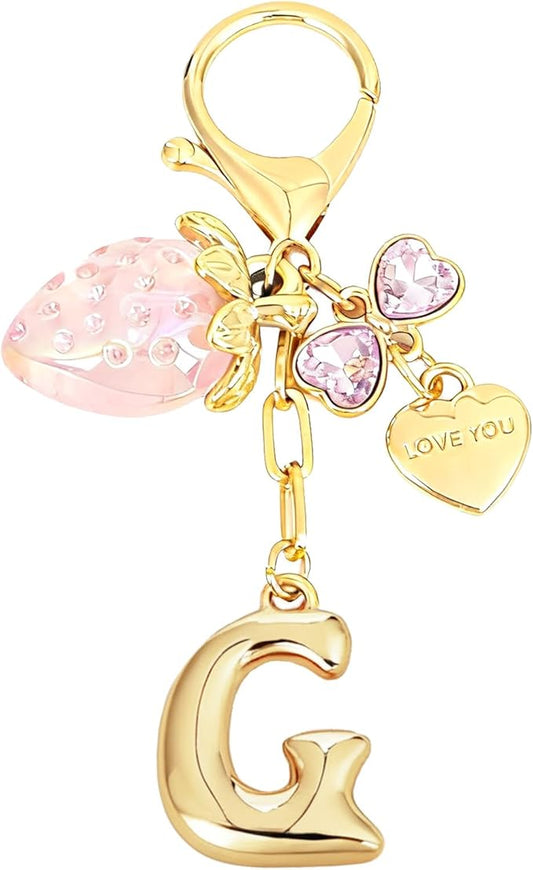 Snycler Bubble Initial Keychain with Strawberry & Bow- Gold Letter Bag Charms for Women, Cute Purse Handbag Accessories
